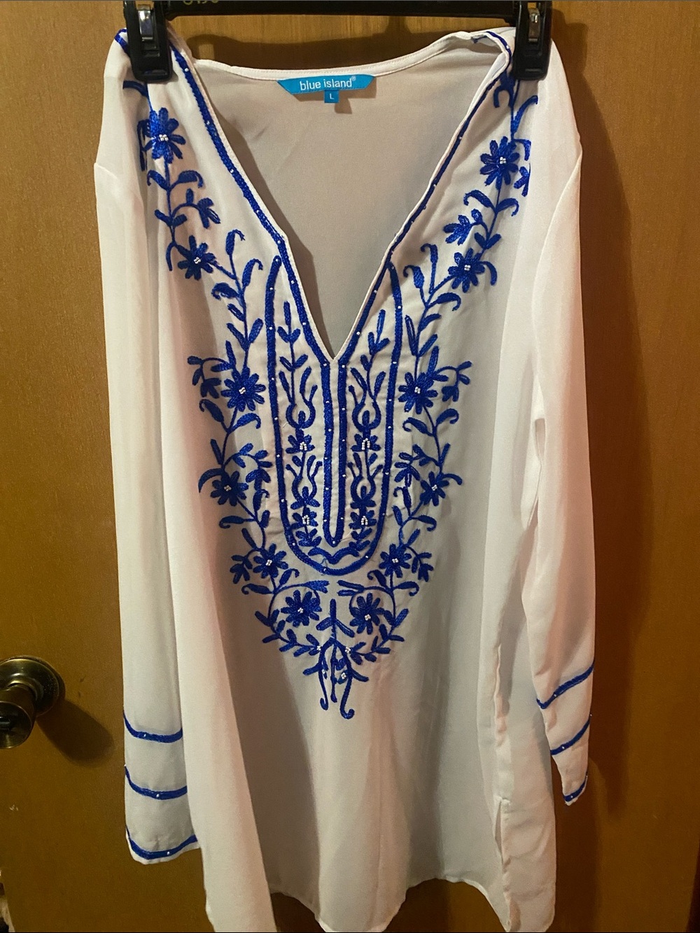 blue island White Tunic with Blue Floral Embroidery